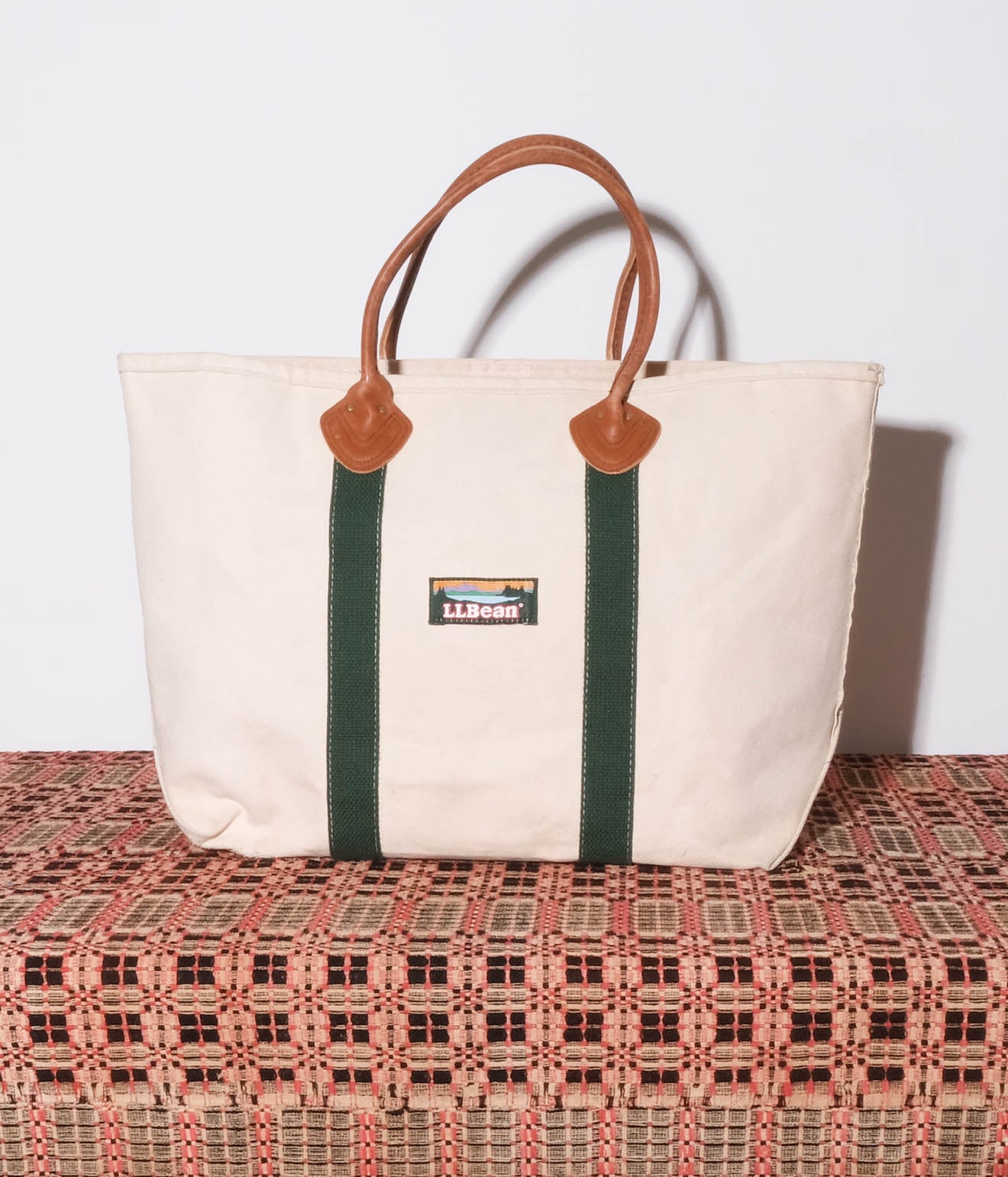 90's L.L.Bean Tote Bag Leather Handle (Natural×Green)