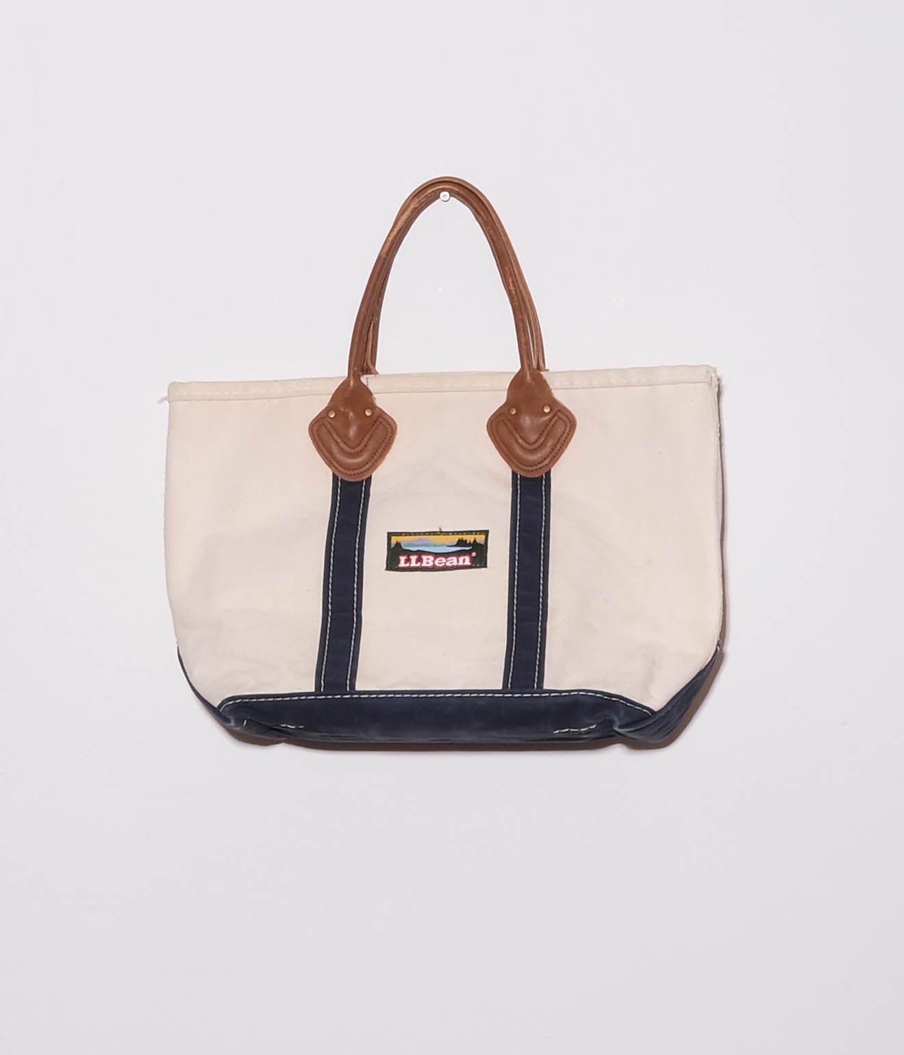 90's L.L.Bean Tote Bag Leather Handle (Natural×Navy)